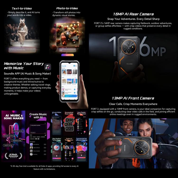 Blackview FORT 2 โทรศัพท์กันกระแทก, 8GB+256GB, 6.56 นิ้ว Android 15 MediaTek MT6769V/CB Helio G81 Octa Core, เครือข่าย: 4G, OTG, NFC, 8GB+256GB