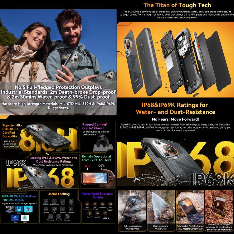 Blackview BL7000 โทรศัพท์กันกระแทก, 8GB+512GB, 6.78 นิ้ว Android 15 MediaTek Dimensity 6300 Octa Core, เครือข่าย: 5G, NFC, OTG, 8GB+512GB