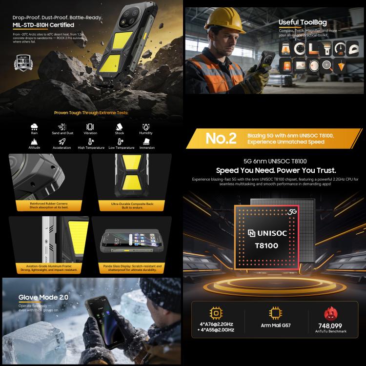 Blackview ROCK 2 Pro โทรศัพท์กันกระแทก, 8GB+256GB, 6.67 นิ้ว Android 16 Unisoc UMS9620 T8100 Octa Core, เครือข่าย: 5G, OTG, NFC