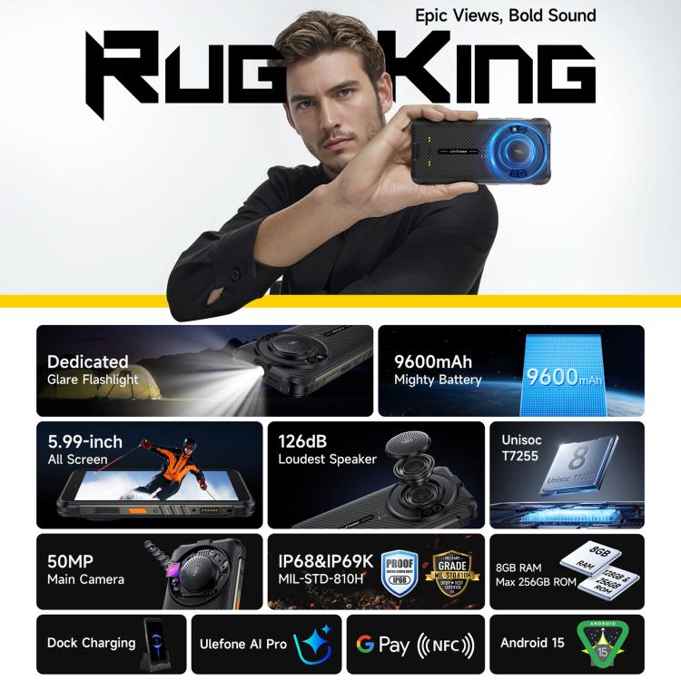 Ulefone RugKing, 8GB+128GB, โทรศัพท์กันน้ำกันฝุ่น IP68/IP69K, 5.99 นิ้ว Android 15 Unisoc T7255 Octa Core, เครือข่าย: 4G, NFC, OTG, RugKing, 8GB+128GB
