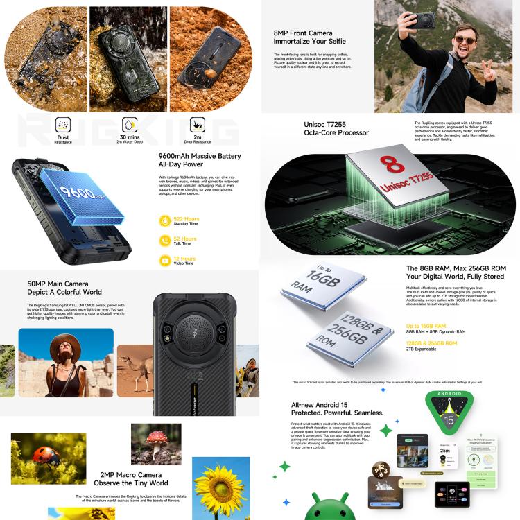 Ulefone RugKing, 8GB+128GB, โทรศัพท์กันน้ำกันฝุ่น IP68/IP69K, 5.99 นิ้ว Android 15 Unisoc T7255 Octa Core, เครือข่าย: 4G, NFC, OTG, RugKing, 8GB+128GB