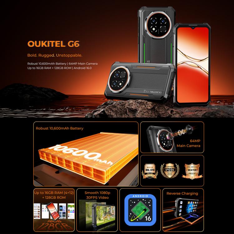 โทรศัพท์ Oukitel G6 ทนทาน, 4GB+128GB, สแกนลายนิ้วมือ, แบตเตอรี่ 10600mAh, 6.52 นิ้ว Android 16.0 Unisoc T615 Octa Core, NFC, OTG, เครือข่าย: 4G, 4GB+128GB