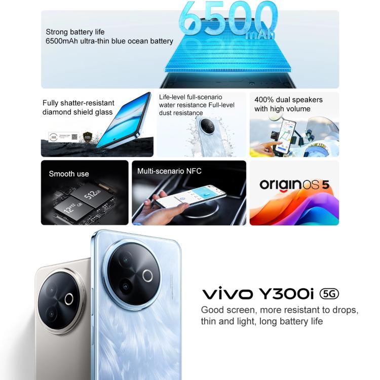 vivo Y300i, 12GB+512GB, สแกนใบหน้า / สแกนนิ้วมือด้านข้าง, 6.68 นิ้ว Android 15 OriginOS 5 Snapdragon 4 Gen 2 Octa Core, OTG, NFC, เครือข่าย: 5G, 12GB+512GB