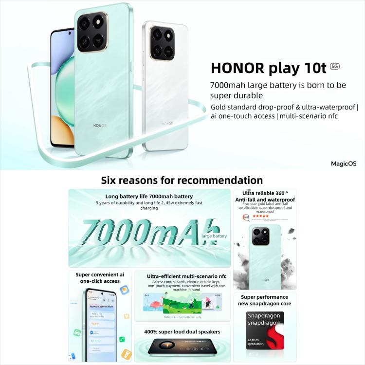 Honor Play10T, 12GB+256GB, สแกนลายนิ้วมือด้านข้าง, 6.8 นิ้ว Android 15 Magic OS 9.0 Snapdragon 6s Gen 3 Octa Core, เครือข่าย: 5G, 12GB+256GB