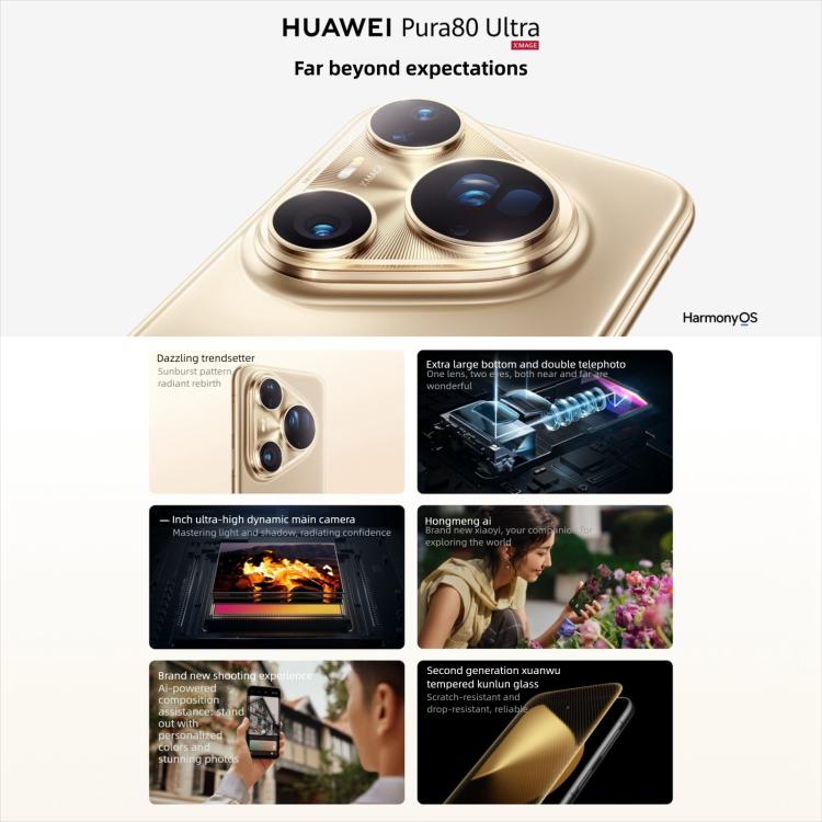 HUAWEI Pura 80 Ultra, 16GB+1TB, สแกนลายนิ้วมือด้านข้าง, 6.8 นิ้ว HarmonyOS 5.1, NFC, OTG, ไม่รองรับ Google Play, 16GB+1TB