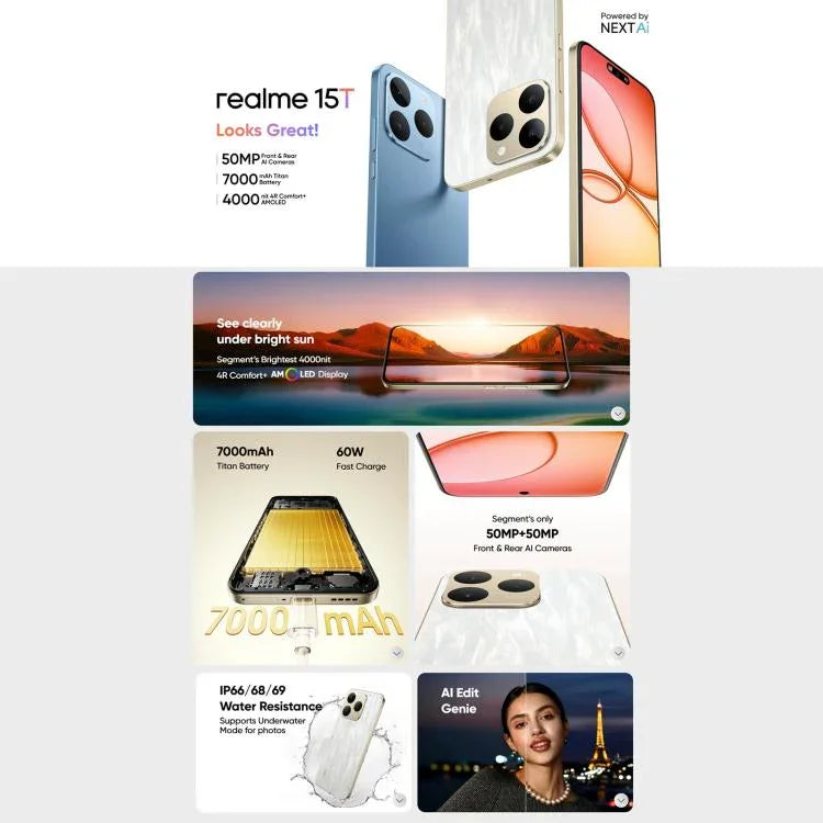 Realme 15T, 12GB+512GB, Screen Fingerprint Identification, 6.57 inch Realme UI 6.0 Android 15 MediaTek Dimensity 6400 Max Octa Core, NFC, Network: 5G, 12GB+512GB