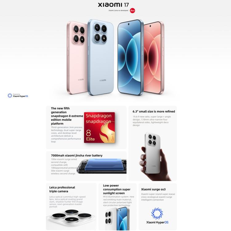 Xiaomi 17, 12GB+512GB, สแกนลายนิ้วมืออัลตราโซนิก 3D, 6.3 นิ้ว Xiaomi HyperOS 3 Snapdragon 8 Elite Gen 5 Octa Core, NFC, เครือข่าย: 5G, 12GB+512GB
