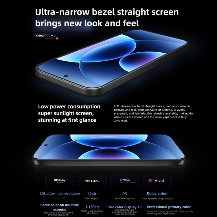 Xiaomi 17 Pro, 12GB+256GB, สแกนลายนิ้วมืออัลตราโซนิก 3D, จอ 6.3 นิ้ว Xiaomi HyperOS 3 Snapdragon 8 Elite Gen 5 Octa Core, NFC, เครือข่าย: 5G, 12GB+256GB