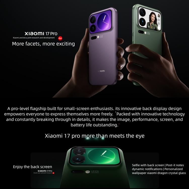 Xiaomi 17 Pro, 12GB+512GB, สแกนลายนิ้วมืออัลตราโซนิก 3D, จอ 6.3 นิ้ว Xiaomi HyperOS 3 Snapdragon 8 Elite Gen 5 Octa Core, NFC, เครือข่าย: 5G, 12GB+512GB