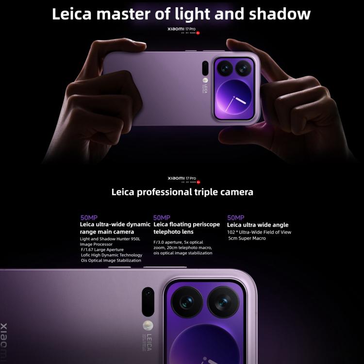 Xiaomi 17 Pro, 16GB+1TB, สแกนลายนิ้วมืออัลตราโซนิก 3D, จอ 6.3 นิ้ว Xiaomi HyperOS 3 Snapdragon 8 Elite Gen 5 Octa Core, NFC, เครือข่าย: 5G, 16GB+1TB
