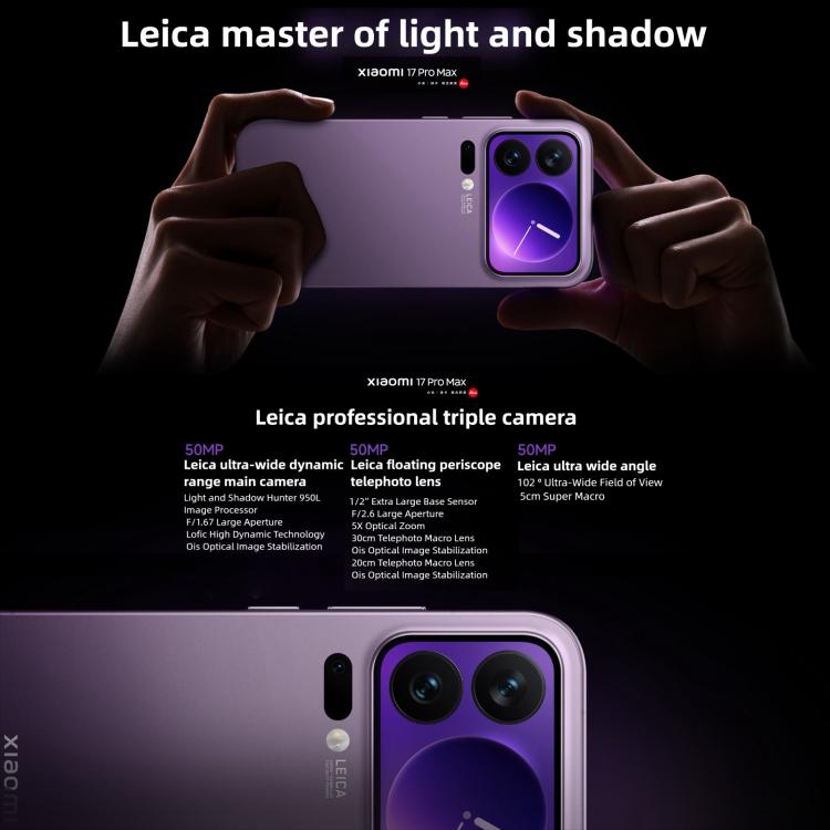 Xiaomi 17 Pro Max, 16GB+1TB, สแกนลายนิ้วมืออัลตราโซนิก 3D, จอ 6.9 นิ้ว + 2.9 นิ้ว Xiaomi HyperOS 3 Snapdragon 8 Elite Gen 5 Octa Core, NFC, เครือข่าย: 5G, 16GB+1TB