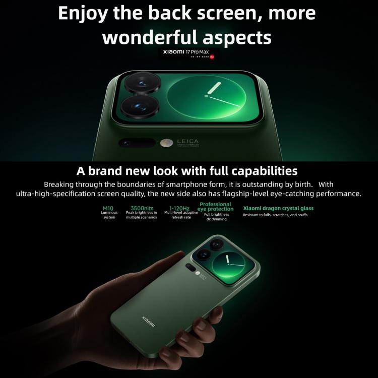 Xiaomi 17 Pro Max, 16GB+1TB, สแกนลายนิ้วมืออัลตราโซนิก 3D, จอ 6.9 นิ้ว + 2.9 นิ้ว Xiaomi HyperOS 3 Snapdragon 8 Elite Gen 5 Octa Core, NFC, เครือข่าย: 5G, 16GB+1TB