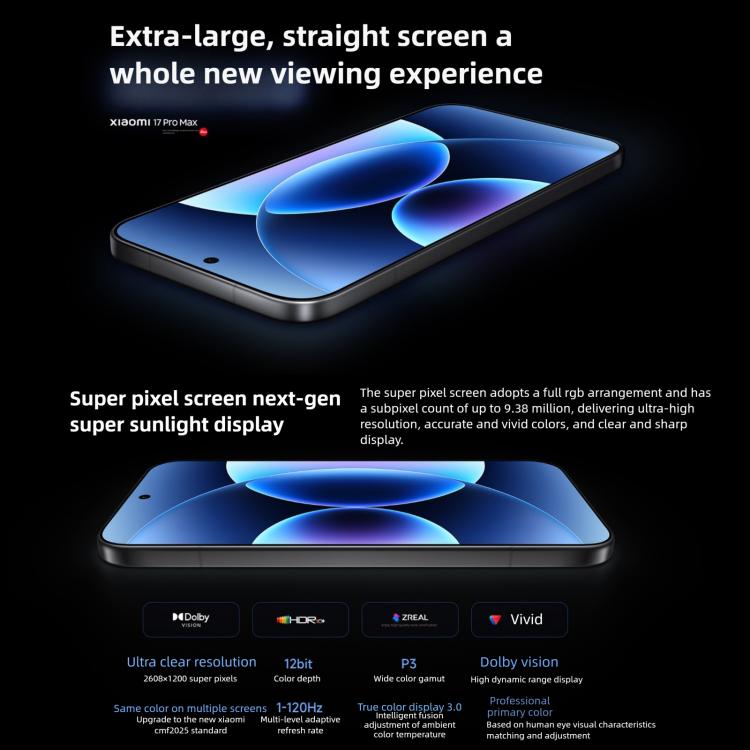 Xiaomi 17 Pro Max, 16GB+512GB, สแกนลายนิ้วมืออัลตราโซนิก 3D, จอ 6.9 นิ้ว + 2.9 นิ้ว Xiaomi HyperOS 3 Snapdragon 8 Elite Gen 5 Octa Core, NFC, เครือข่าย: 5G, 16GB+512GB