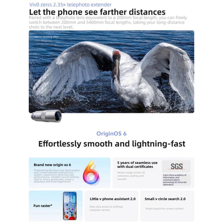 vivo X300, 16GB+256GB, จอ 6.31 นิ้ว OriginOS 6 Android 16 Dimensity 9500 Octa Core, OTG, NFC, เครือข่าย: 5G, 16GB+256GB