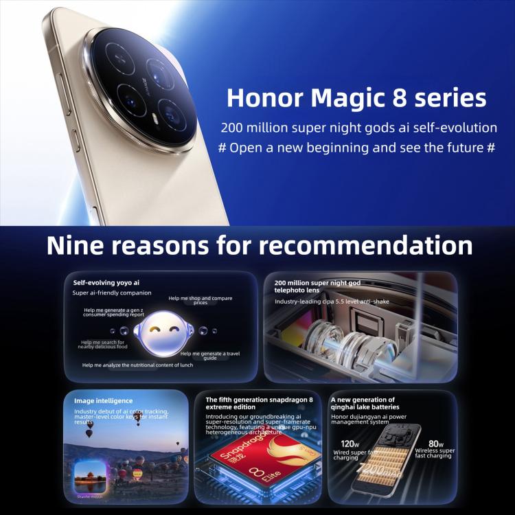Honor Magic8 Pro, 12GB+256GB, สแกนลายนิ้วมือบนหน้าจอ, 6.71 นิ้ว MagicOS 10.0 / Android 16 Snapdragon 8 Elite Gen 5 Octa Core, เครือข่าย: 5G, NFC, OTG, 12GB+256GB