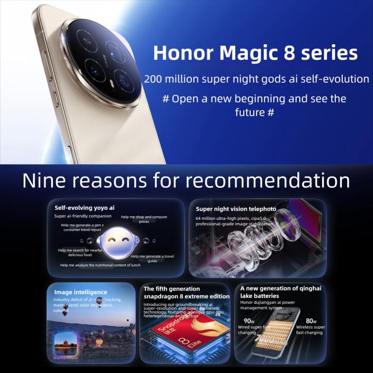 Honor Magic8 Pro, 12GB+512GB, สแกนลายนิ้วมือบนหน้าจอ, 6.71 นิ้ว MagicOS 10.0 / Android 16 Snapdragon 8 Elite Gen 5 Octa Core, เครือข่าย: 5G, NFC, OTG, 12GB+512GB
