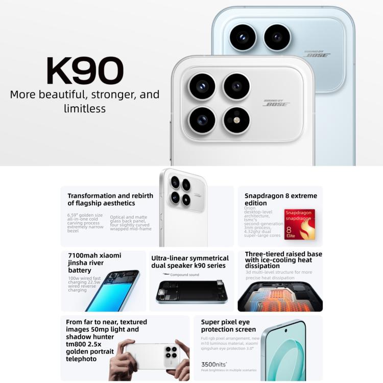 Xiaomi Redmi K90, 16GB+256GB, 6.59 นิ้ว Xiaomi HyperOS 3 Snapdragon 8 Elite Octa Core, NFC, เครือข่าย: 5G, 16GB+256GB