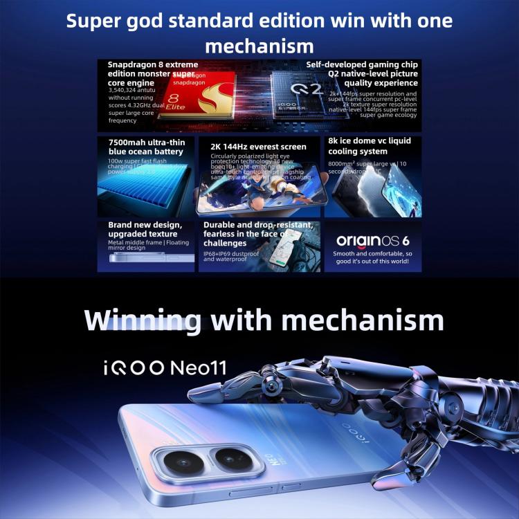 vivo iQOO Neo11, 12GB+256GB, สแกนใบหน้า / สแกนนิ้วบนหน้าจอ, 6.82 นิ้ว Android 16 OriginOS 6 Snapdragon 8 Elite Octa Core, OTG, NFC, เครือข่าย: 5G, iQOO Neo11, 12GB+256GB