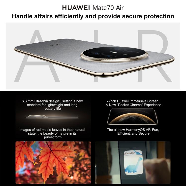 HUAWEI Mate 70 Air, 12GB+256GB, สแกนนิ้วข้างเครื่อง, 7 นิ้ว HarmonyOS 5.1 Kirin 9020B, NFC, OTG, ไม่รองรับ Google Play, 12GB+256GB