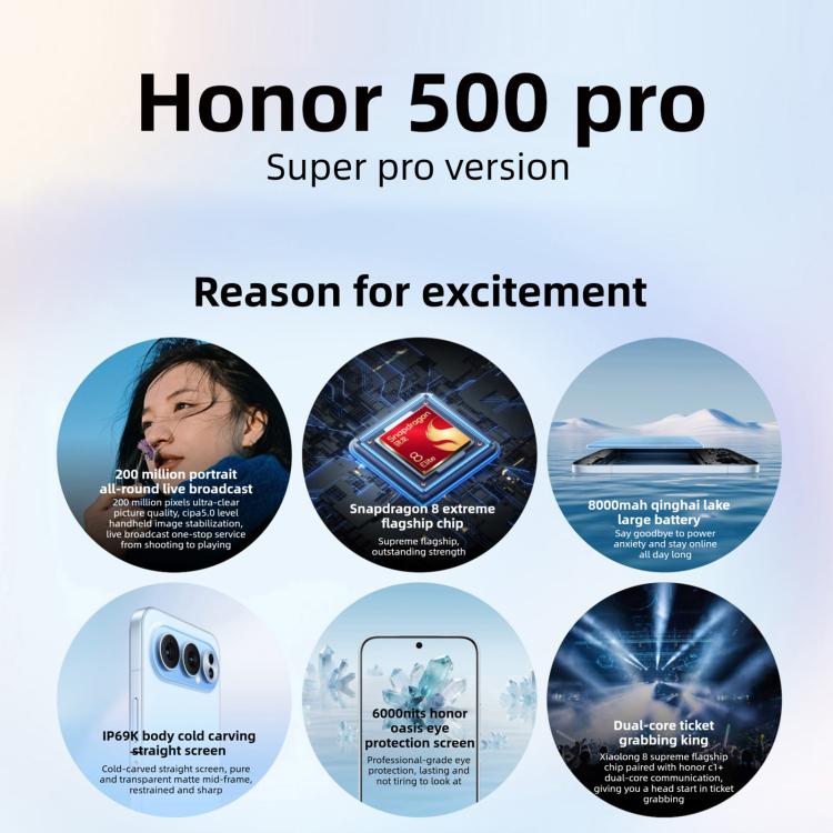 Honor 500 Pro, 16GB+1TB, สแกนลายนิ้วมือบนหน้าจอ, 6.55 นิ้ว MagicOS 10.0 / Android 16 Snapdragon 8 Elite Gen 4 Octa Core, เครือข่าย: 5G, NFC, OTG, Honor 500 Pro, 16GB+1TB