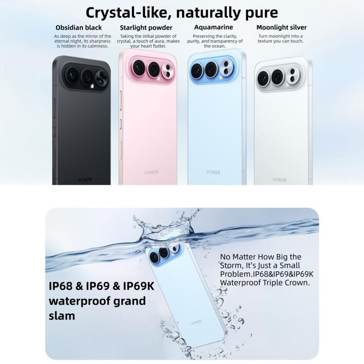 Honor 500 Pro, 16GB+1TB, สแกนลายนิ้วมือบนหน้าจอ, 6.55 นิ้ว MagicOS 10.0 / Android 16 Snapdragon 8 Elite Gen 4 Octa Core, เครือข่าย: 5G, NFC, OTG, Honor 500 Pro, 16GB+1TB