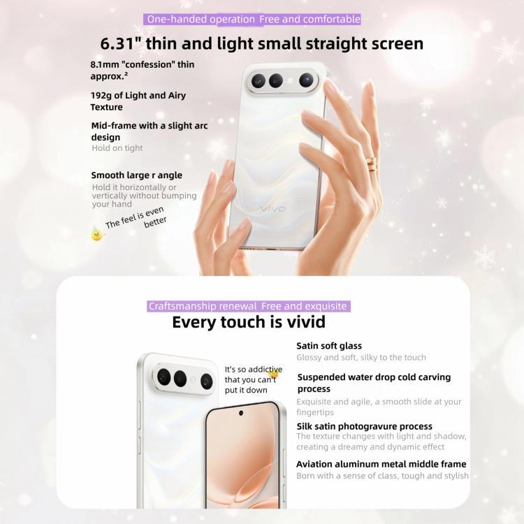 vivo S50 Pro mini, 12GB+512GB, สแกนลายนิ้วมือ 3D, หน้าจอ 6.31 นิ้ว Android 16 OriginOS 6 Snapdragon 8 Gen 5 Octa Core, OTG, NFC, เครือข่าย: 5G, รองรับ Google Play, 12GB+512GB
