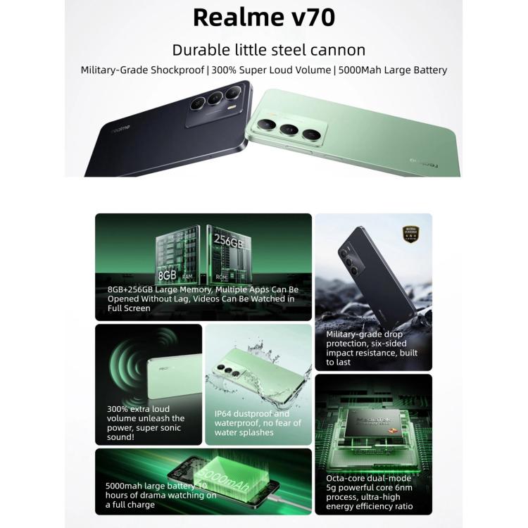 Realme V70, 8GB+256GB, หน้าจอ 6.67 นิ้ว Realme UI 6.0 Android 15 Dimensity 6300 5G Octa Core, เครือข่าย: 5G, 8GB+256GB