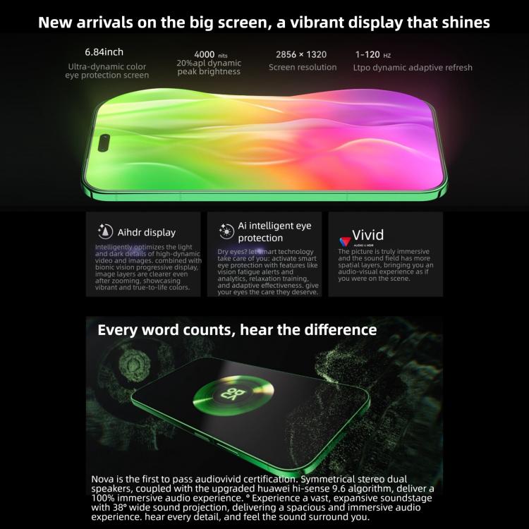 Huawei nova 15 Pro, กระจก Kunlun, 12GB+512GB, สแกนลายนิ้วมือด้านข้าง, 6.84 นิ้ว HarmonyOS 6.0 Kirin 9010S Octa Core, NFC, OTG, ไม่รองรับ Google Play, 12GB+512GB