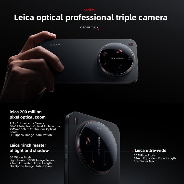 Xiaomi 17 Ultra, 16GB+512GB, สแกนลายนิ้วมืออัลตราโซนิก 3D, 6.9 นิ้ว Xiaomi HyperOS 3 Snapdragon 8 Elite Gen 5 Octa Core, NFC, เครือข่าย: 5G, 16GB+512GB