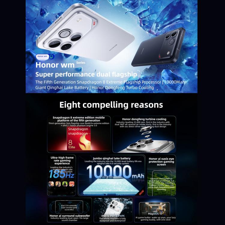 Honor WIN, 16GB+1TB, สแกนลายนิ้วมืออัลตราโซนิก 3D, แบตเตอรี่ 10000mAh, 6.83 นิ้ว MagicOS 10.0 / Android 16 Snapdragon 8 Elite Gen 5 Octa Core, เครือข่าย: 5G, NFC, OTG, 16GB+1TB