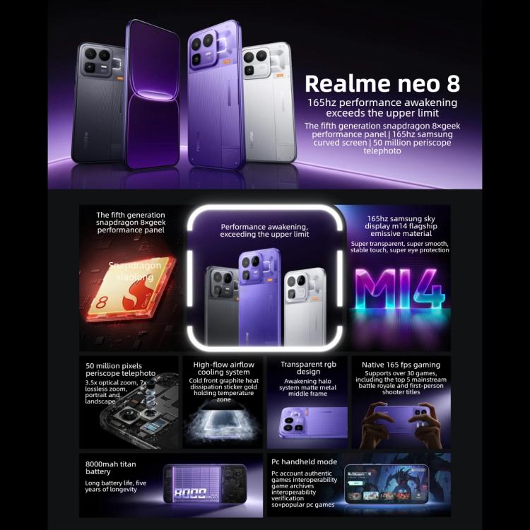 Realme Neo8, 12GB+256GB, สแกนลายนิ้วมือบนหน้าจอแบบอัลตราโซนิก, 6.78 นิ้ว Realme UI 7.0 Snapdragon 8 Gen 5 Octa Core, OTG, NFC, เครือข่าย: 5G, 12GB+256GB
