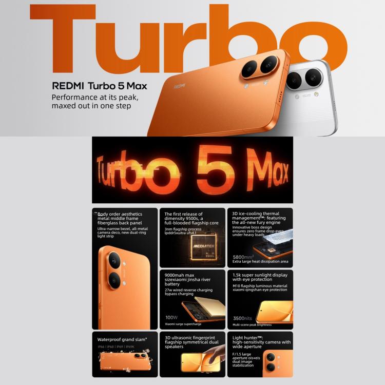 Xiaomi REDMI Turbo 5 Max, 16GB+512GB, 6.83 นิ้ว Xiaomi HyperOS 3 Dimensity 9500s Octa Core, NFC, เครือข่าย: 5G, 16GB+512GB
