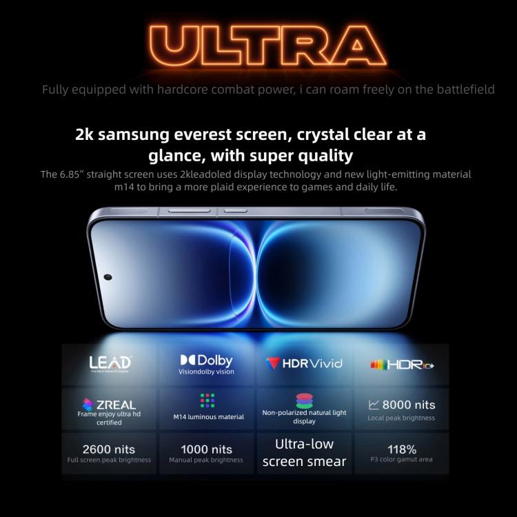 vivo iQOO 15 Ultra, 16GB+512GB, สแกนลายนิ้วมือ 3D อัลตราโซนิก, 6.85 นิ้ว Android 16 OriginOS 6 Snapdragon 8 Elite Gen 5 Octa Core, OTG, NFC, เครือข่าย: 5G, รองรับ Google Play, 16GB+512GB