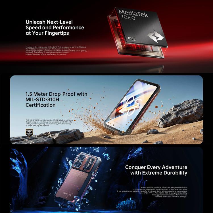 โทรศัพท์ Oukitel WP300 ทนทานพร้อมนาฬิกา, 12GB+512GB, 6.8 นิ้ว Android 15 MediaTek Dimensity 7050 Octa Core, NFC, OTG, เครือข่าย: 5G