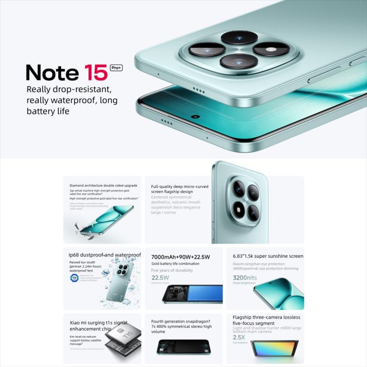 Xiaomi Redmi Note 15 Pro+ 5G, 16GB+512GB, 6.83 นิ้ว Xiaomi HyperOS 2 Snapdragon 7s Gen 4 Octa Core, เครือข่าย: 5G, NFC, 16GB+512GB
