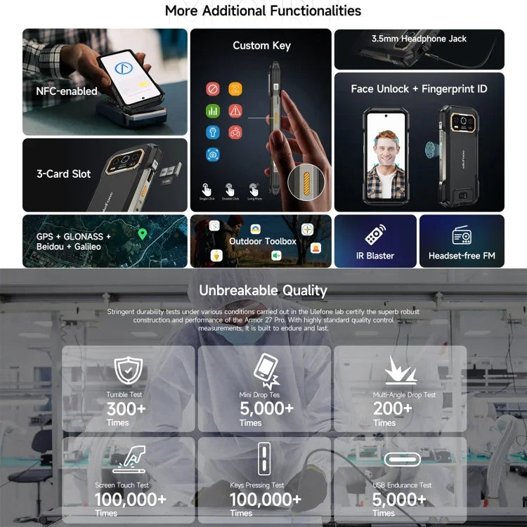 Ulefone Armor 27 Pro โทรศัพท์กันกระแทก, 12GB+256GB, กล้องมองเห็นในที่มืด, แบตเตอรี่ 10600mAh, 6.78 นิ้ว Android 14 MediaTek Dimensity 6300 Octa Core, เครือข่าย: 5G, NFC, Armor 27 Pro
