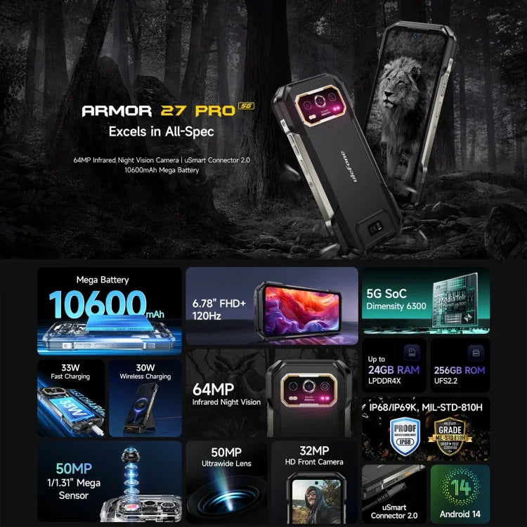 Ulefone Armor 27 Pro โทรศัพท์กันกระแทก, 12GB+256GB, กล้องมองเห็นในที่มืด, แบตเตอรี่ 10600mAh, 6.78 นิ้ว Android 14 MediaTek Dimensity 6300 Octa Core, เครือข่าย: 5G, NFC, Armor 27 Pro