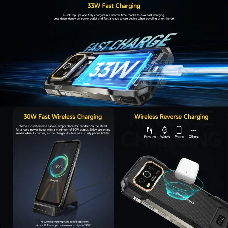 Ulefone Armor 27 Pro โทรศัพท์กันกระแทก, 12GB+256GB, กล้องมองเห็นในที่มืด, แบตเตอรี่ 10600mAh, 6.78 นิ้ว Android 14 MediaTek Dimensity 6300 Octa Core, เครือข่าย: 5G, NFC, Armor 27 Pro