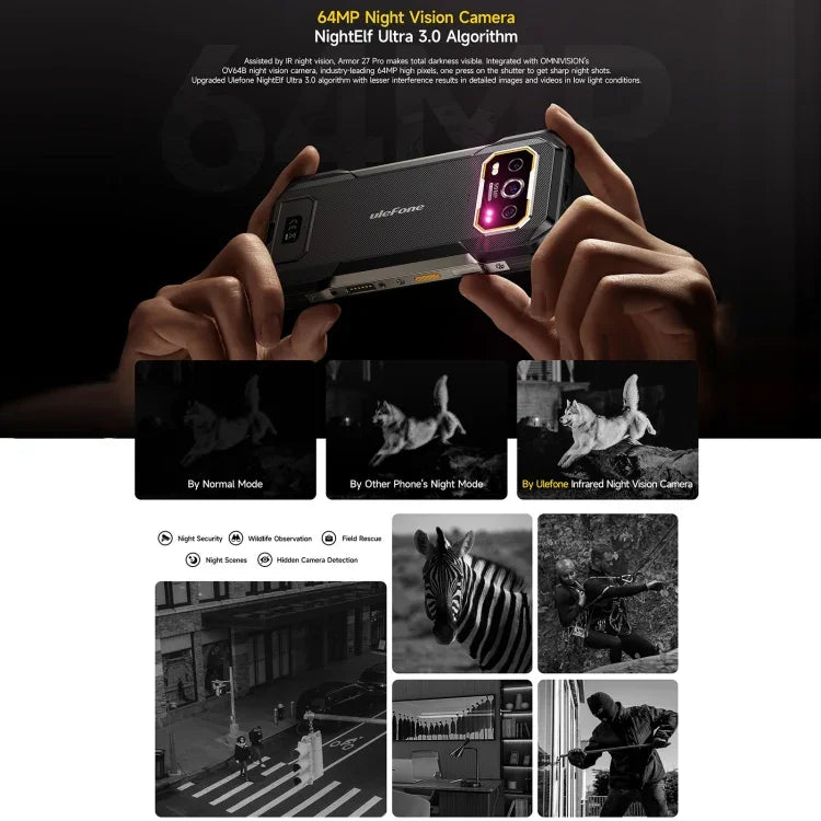 Ulefone Armor 27 Pro โทรศัพท์กันกระแทก, 12GB+256GB, กล้องมองเห็นในที่มืด, แบตเตอรี่ 10600mAh, 6.78 นิ้ว Android 14 MediaTek Dimensity 6300 Octa Core, เครือข่าย: 5G, NFC, Armor 27 Pro