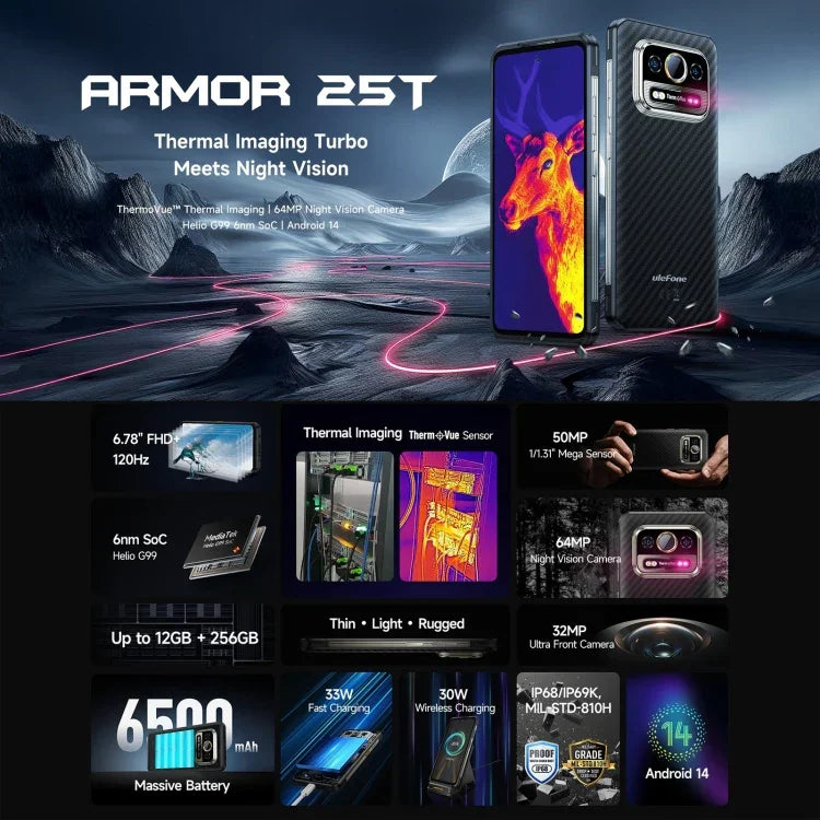 Ulefone Armor 25T โทรศัพท์กันกระแทก, 6GB+256GB, กล้องถ่ายภาพความร้อน, 6.78 นิ้ว Android 14 MediaTek Helio G99 Octa Core, เครือข่าย: 4G, NFC, OTG, Armor 25T