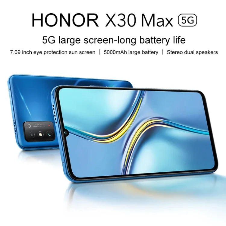 กล้องหลังคู่, สแกนลายนิ้วมือด้านข้าง, แบตเตอรี่ 5000mAh, หน้าจอ 7.09 นิ้ว Magic UI 5.0 (Android R) Dimensity 900 Octa Core สูงสุด 2.4GHz, เครือข่าย: 5G, NFC, ไม่รองรับ Google Play, X30 Max 5G 8GB+128GB