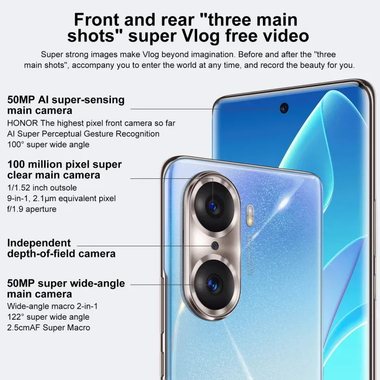 กล้องหลังสามตัว, สแกนลายนิ้วมือบนหน้าจอ, 6.78 นิ้ว Magic UI 5.0 Qualcomm Snapdragon 778G Plus 6nm Octa Core สูงสุด 2.5GHz, เครือข่าย: 5G, OTG, NFC, ไม่รองรับ Google Play, 60 Pro 5G 12GB+256GB