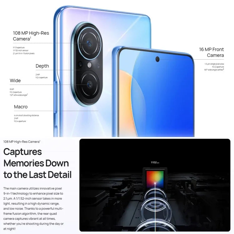 กล้องหลังสี่ตัว, สแกนลายนิ้วมือด้านข้าง, 6.78 นิ้ว HarmonyOS 2.0.1 Qualcomm Snapdragon 680 Octa Core สูงสุด 2.4GHz, เครือข่าย: 4G, OTG, ไม่รองรับ Google Play, 8GB+128GB