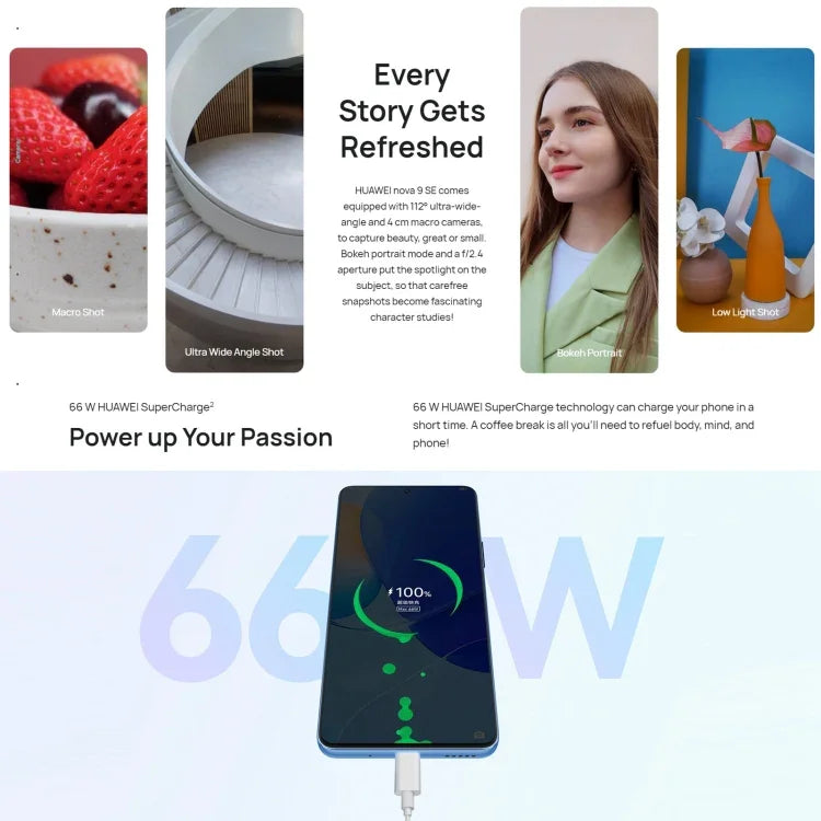 กล้องหลังสี่ตัว, สแกนลายนิ้วมือด้านข้าง, 6.78 นิ้ว HarmonyOS 2.0.1 Qualcomm Snapdragon 680 Octa Core สูงสุด 2.4GHz, เครือข่าย: 4G, OTG, ไม่รองรับ Google Play, 8GB+128GB