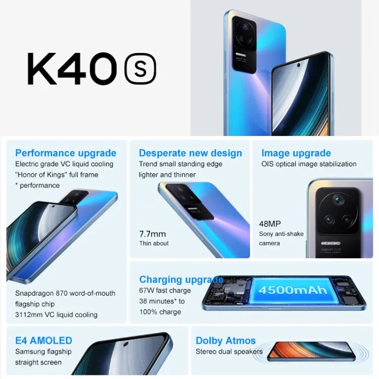 กล้องหลังสามตัว, แบตเตอรี่ 4500mAh, สแกนลายนิ้วมือ, หน้าจอ 6.67 นิ้ว MIUI 13 Qualcomm Snapdragon 870 Octa Core สูงสุด 3.2GHz, เครือข่าย: 5G, ซิมคู่, NFC, IR, 12GB+256GB