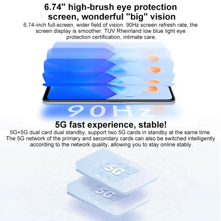 กล้องหลังสามตัว, สแกนลายนิ้วมือด้านข้าง, แบตเตอรี่ 5000mAh, หน้าจอ 6.74 นิ้ว Magic UI 5.0 (Android 11) MediaTek Dimensity 700 Octa Core สูงสุด 2.2GHz, เครือข่าย: 5G, OTG, ไม่รองรับ Google Play, 8GB+128GB