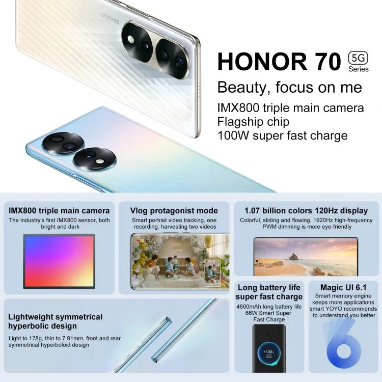 กล้องหลังสามตัว, สแกนลายนิ้วมือบนหน้าจอ, 6.67 นิ้ว Magic UI 6.1 Qualcomm Snapdragon 778G Plus Octa Core สูงสุด 2.5GHz, เครือข่าย: 5G, OTG, NFC, ไม่รองรับ Google Play, Honor 70 5G 12GB+512GB
