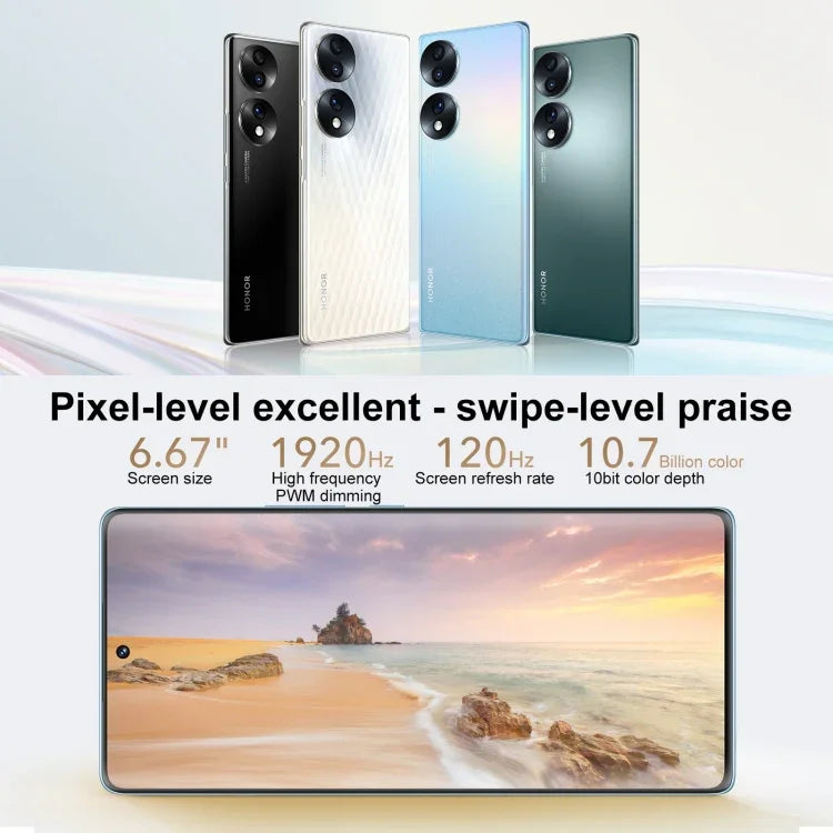 กล้องหลังสามตัว, สแกนลายนิ้วมือบนหน้าจอ, 6.67 นิ้ว Magic UI 6.1 Qualcomm Snapdragon 778G Plus Octa Core สูงสุด 2.5GHz, เครือข่าย: 5G, OTG, NFC, ไม่รองรับ Google Play, Honor 70 5G 12GB+512GB