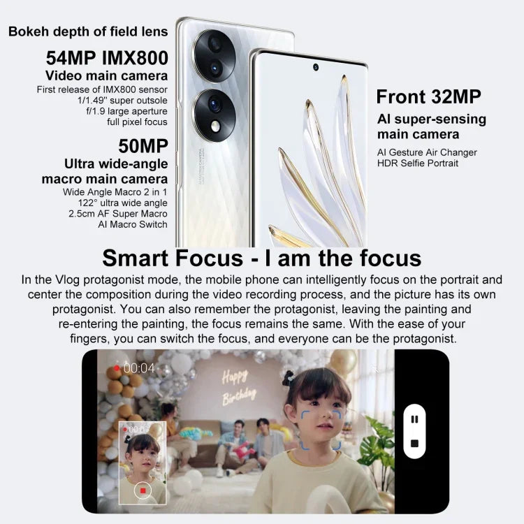 กล้องหลังสามตัว, สแกนลายนิ้วมือบนหน้าจอ, 6.67 นิ้ว Magic UI 6.1 Qualcomm Snapdragon 778G Plus Octa Core สูงสุด 2.5GHz, เครือข่าย: 5G, OTG, NFC, ไม่รองรับ Google Play, Honor 70 5G 12GB+512GB