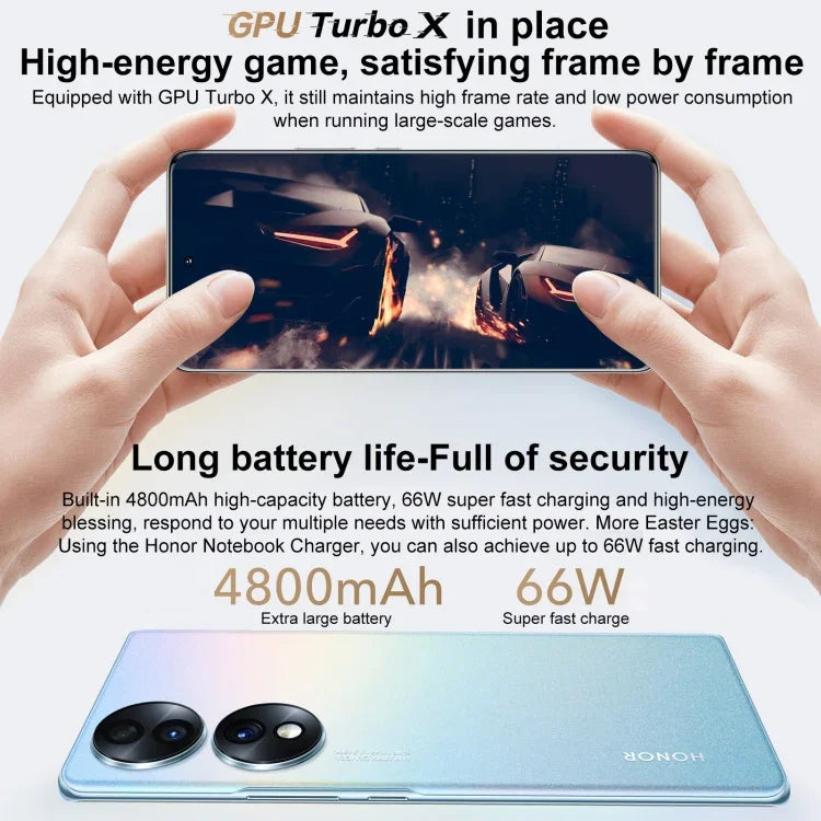 กล้องหลังสามตัว, สแกนลายนิ้วมือบนหน้าจอ, 6.67 นิ้ว Magic UI 6.1 Qualcomm Snapdragon 778G Plus Octa Core สูงสุด 2.5GHz, เครือข่าย: 5G, OTG, NFC, ไม่รองรับ Google Play, Honor 70 5G 12GB+512GB
